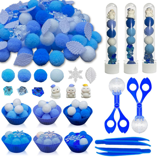 Unvola winter sensory bin with pom poms for color sorting and counting practice