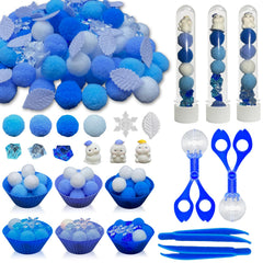 Unvola winter sensory bin with pom poms for color sorting and counting practice