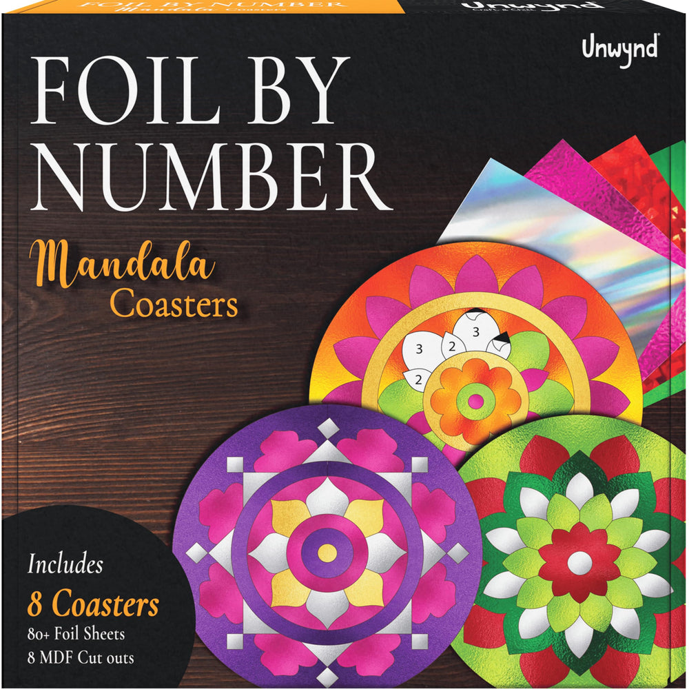 Unwynd Foil by Number kit close up of mandala coaster design ready for foil application