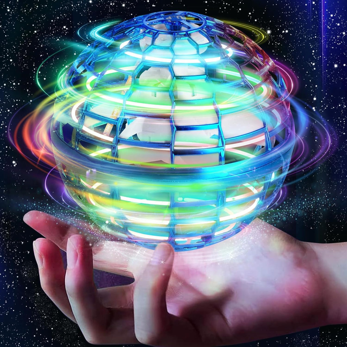 Unyfu Flying Orb Ball with blue LED glow for outdoor play.