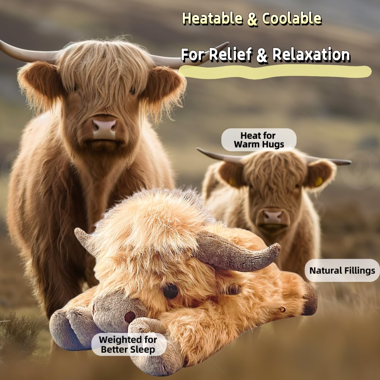 uoozii Highland Cow weighted plush with washable cover for easy care