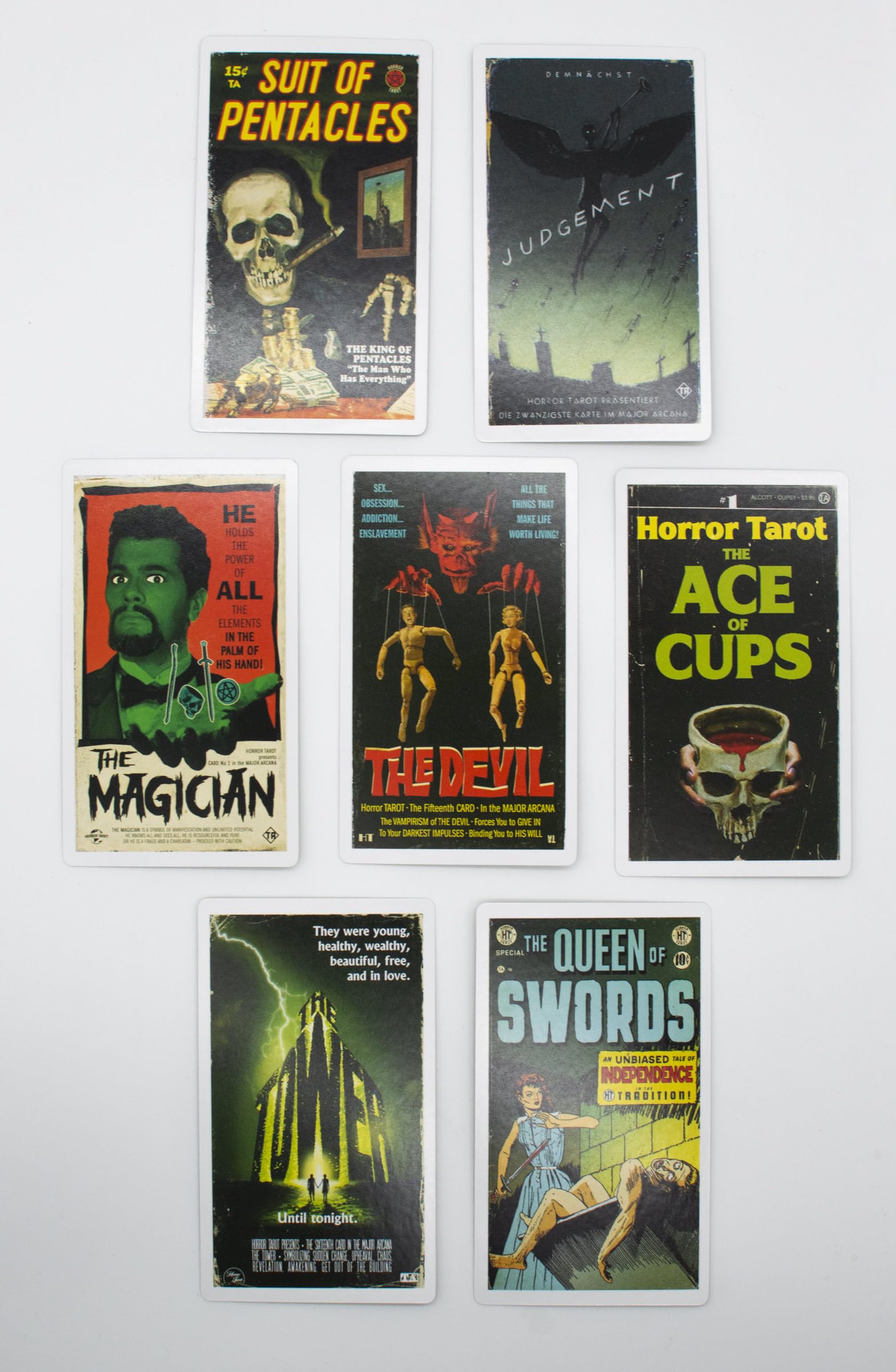 Illustrations inspired by macabre films, books, and comics captivate readers
