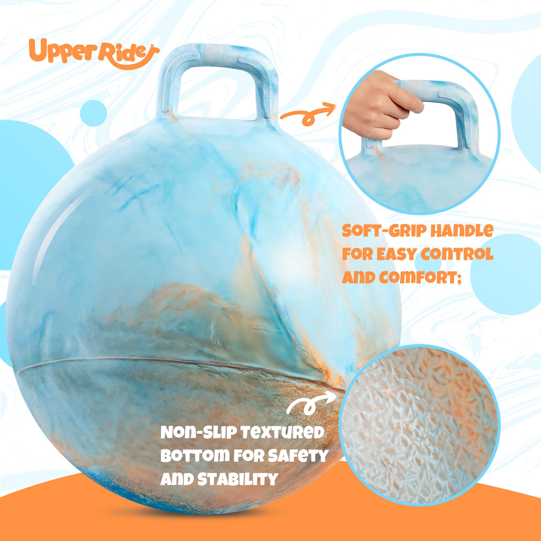 Upper Rider Clouds Hopper Ball blue orange design enhances visibility for outdoor play