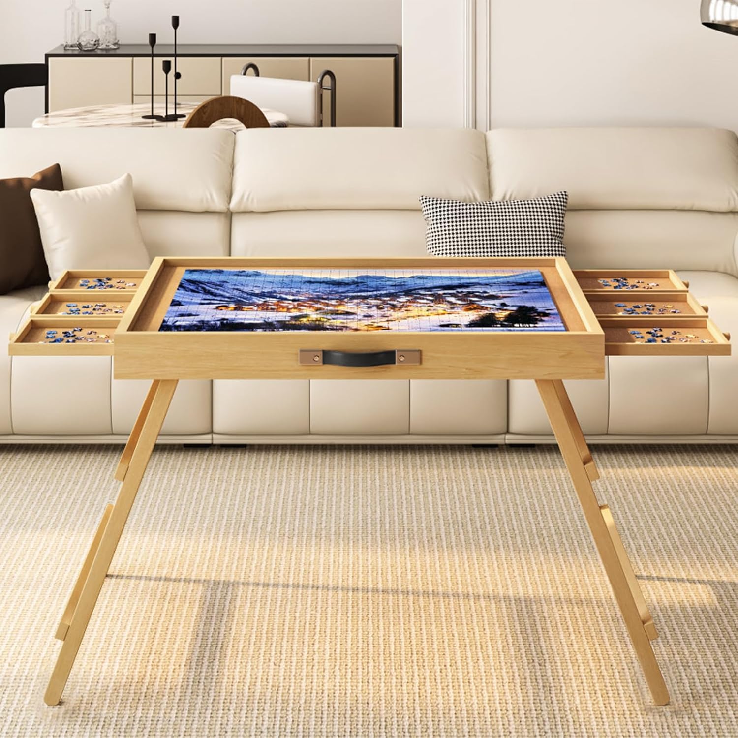 UPVERCY table with six drawers for organized sorting of pieces.