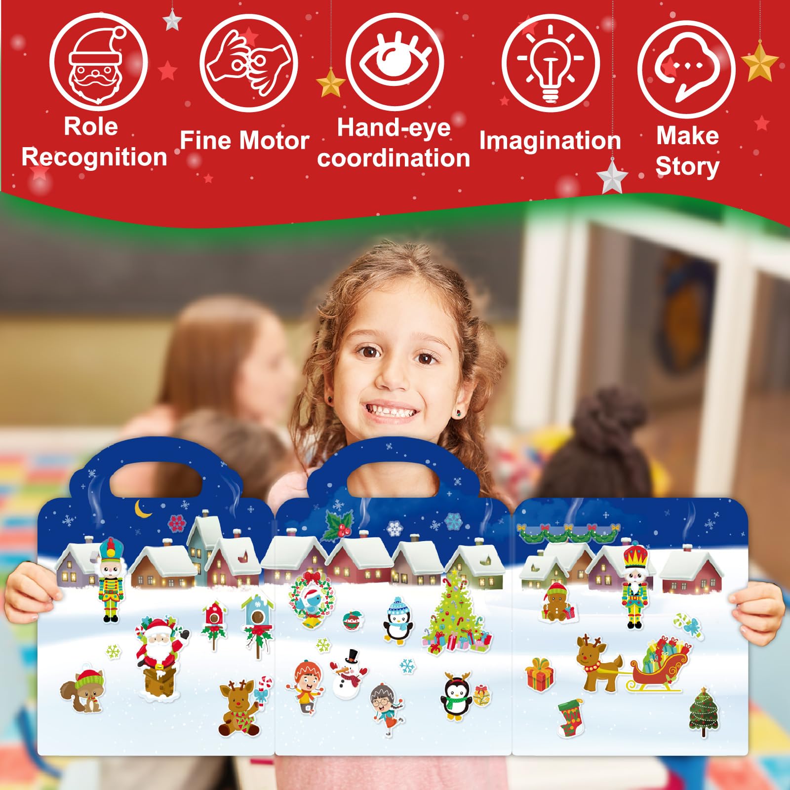 Uranus&No.1 sticker book scene Santa workshop sparks festive storytelling.