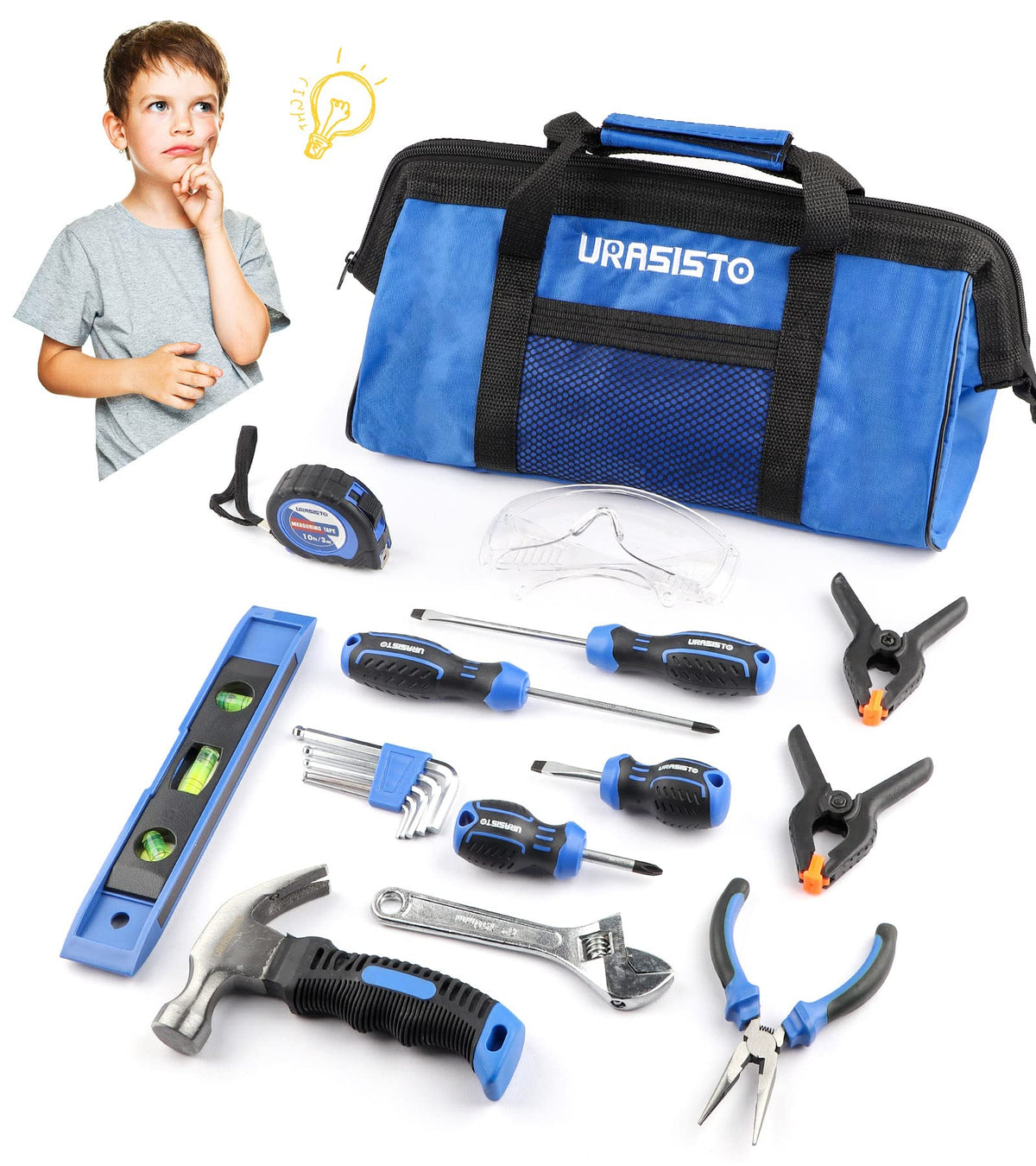 URASISTO 18-piece kids tool set in a fabric bag for easy storage and transport.