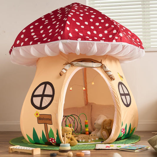 URBAN CREATIONS Enchanted Mushroom Play Tent front view, spacious area for two kids