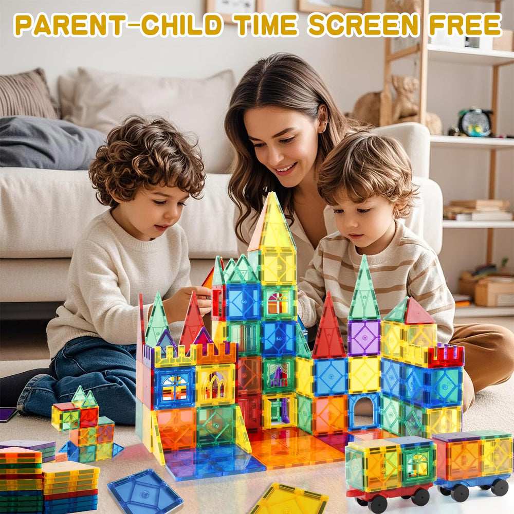 Urban Toys Magnetic Tiles 104pcs cars scene supports coordinated play and storytelling.