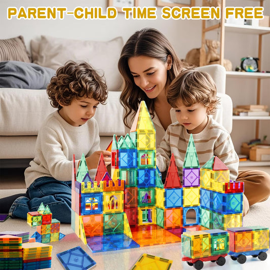 Urban Toys Magnetic Tiles 104pcs cars scene supports coordinated play and storytelling.