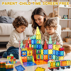 Urban Toys Magnetic Tiles 104pcs cars scene supports coordinated play and storytelling.