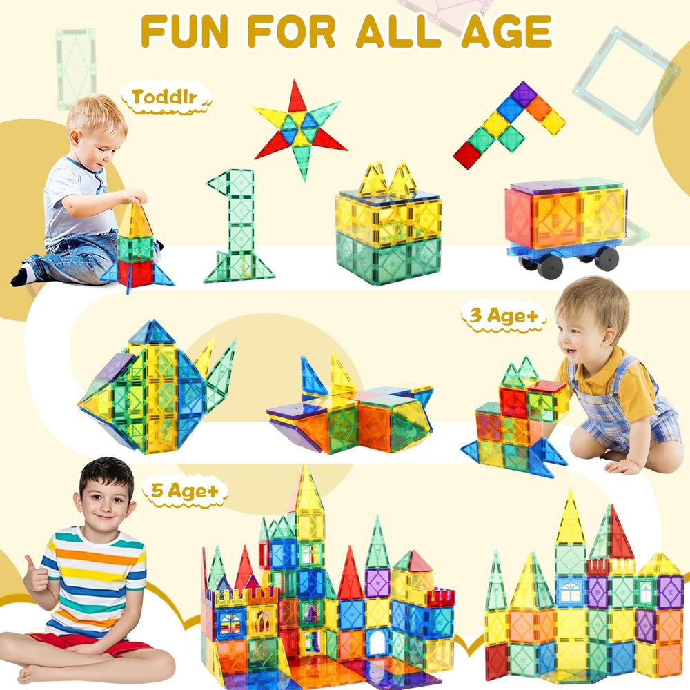 Urban Toys Magnetic Tiles 104pcs colorful tiles invite tactile exploration and color recognition.
