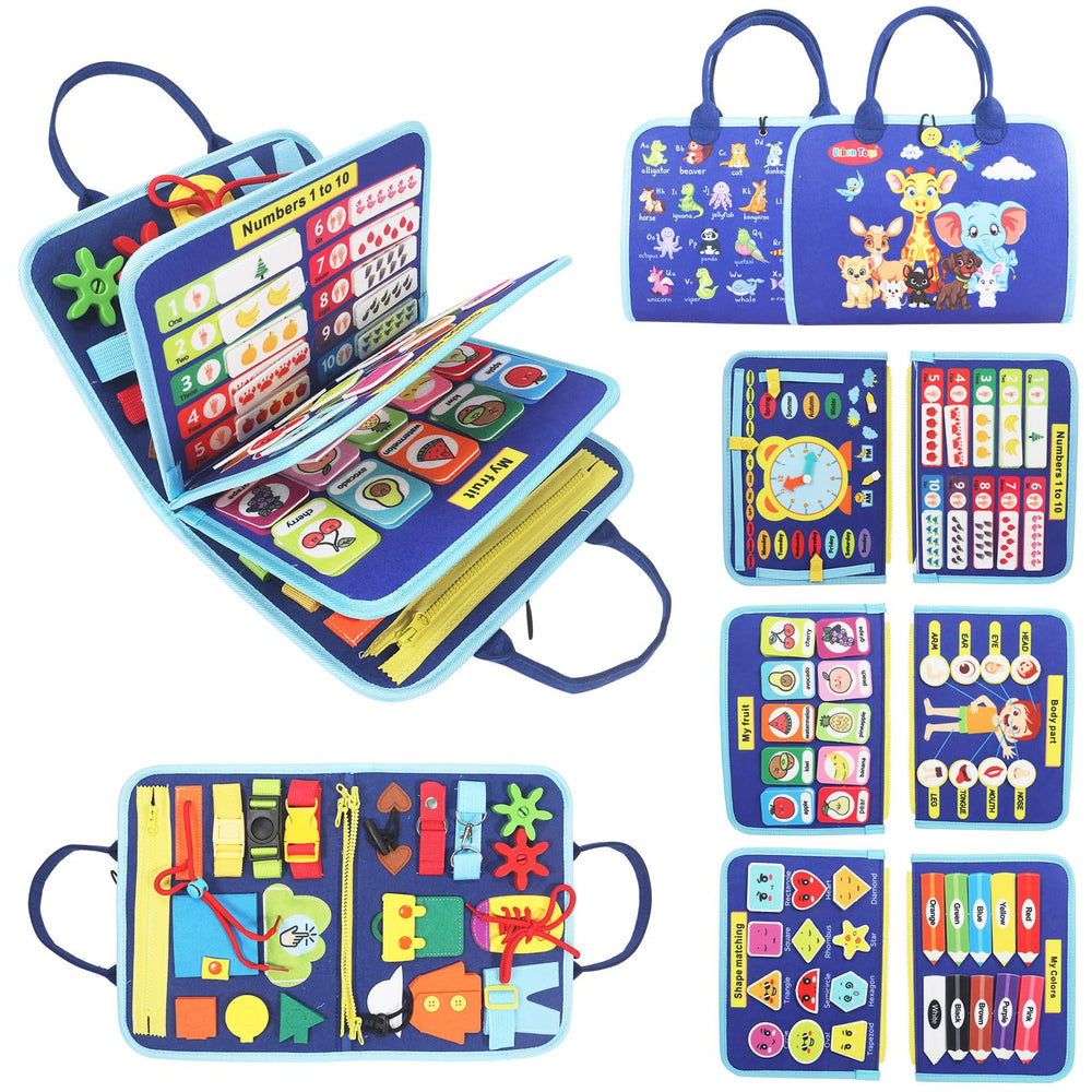 URBAN TOYS Montessori Busy Board travel-compact design fits bags for car or airplane activities
