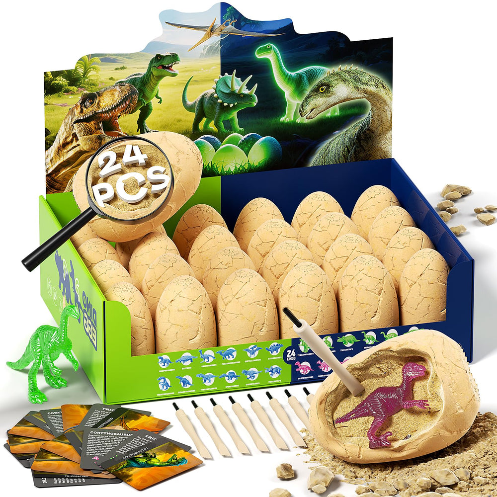 Uregoio 24 glow-in-the-dark dinosaur eggs kit in box sparks curious STEM play.