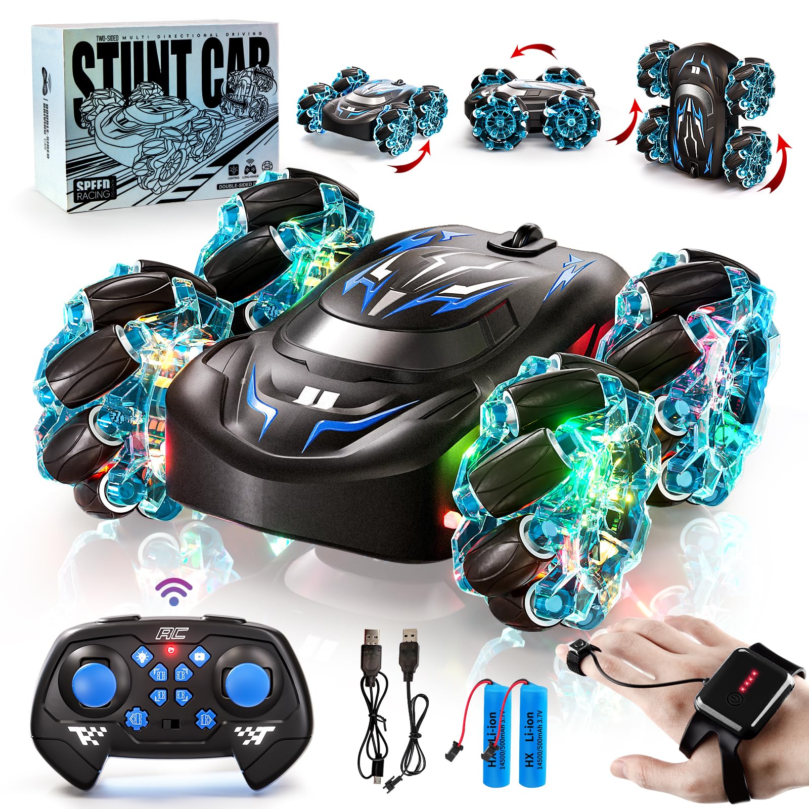 Uregoio gesture sensing RC stunt car in blue viewed from the front for action