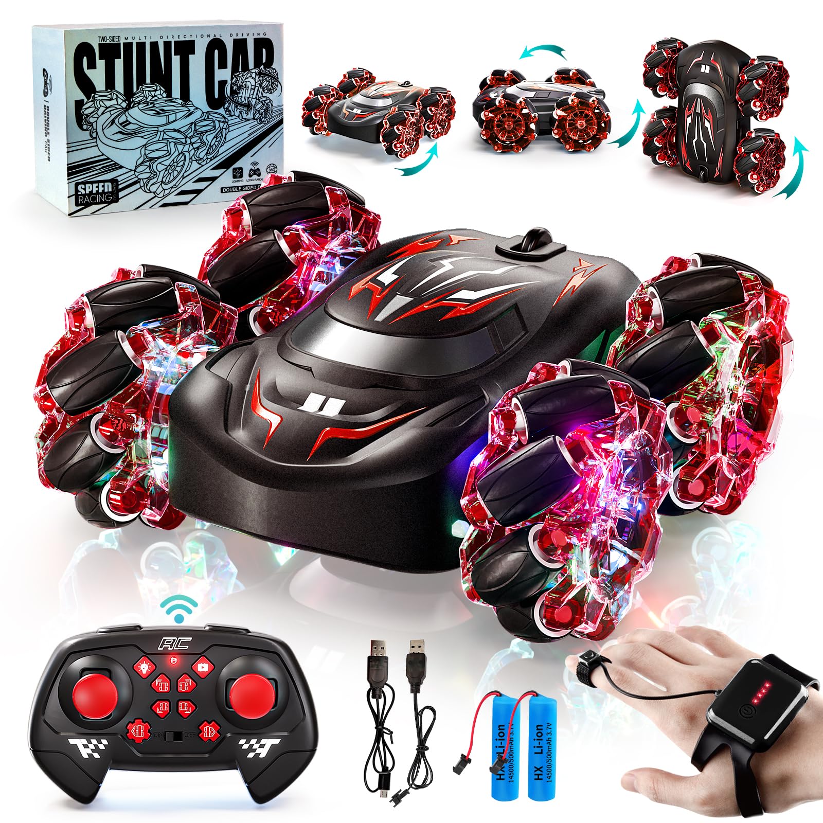 Uregoio gesture-sensing RC stunt car with LEDs for dynamic control indoors and outdoors.