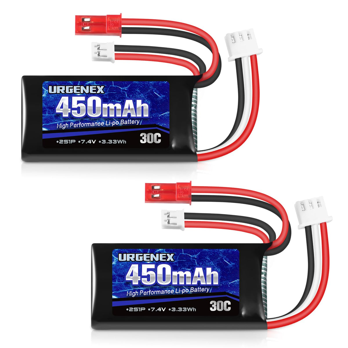 URGENEX 7.4V 2S 450mAh LiPo battery ready for quick swaps in RC cars.