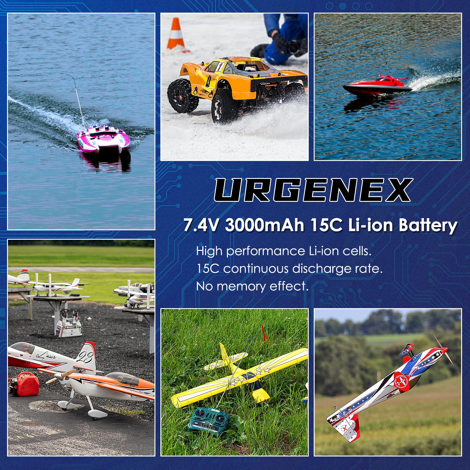 URGENEX 7.4V 3000mAh Li-ion pack supports fast charging.