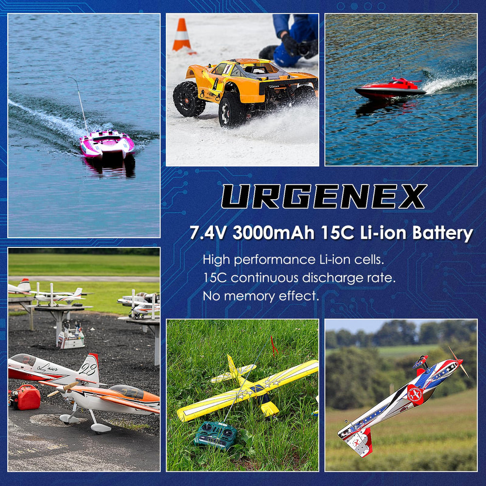 URGENEX 7.4V 3000mAh Li-ion pack supports fast charging.
