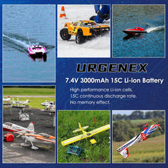 URGENEX 7.4V 3000mAh Li-ion pack supports fast charging.