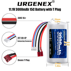 URGENEX battery with Dean-Style T plug enables quick connections.