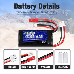 URGENEX 2S LiPo measures 1.8x1x0.38 inches for compact fit.