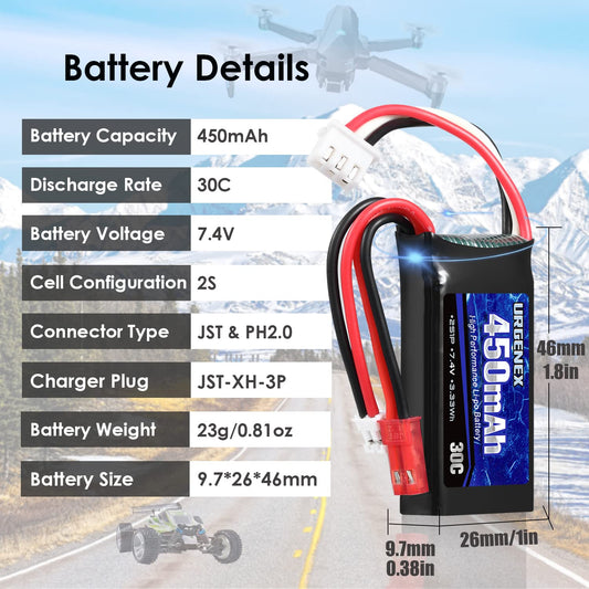 URGENEX battery with JST and PH2.0 plugs enabling wide RC compatibility.