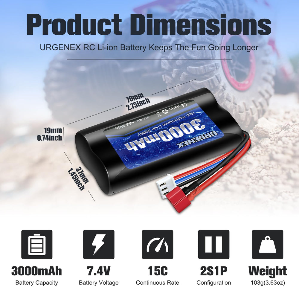 URGENEX battery dimensions 70x37x19mm fit compact chassis.