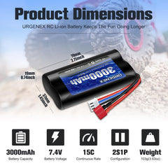 URGENEX battery dimensions 70x37x19mm fit compact chassis.