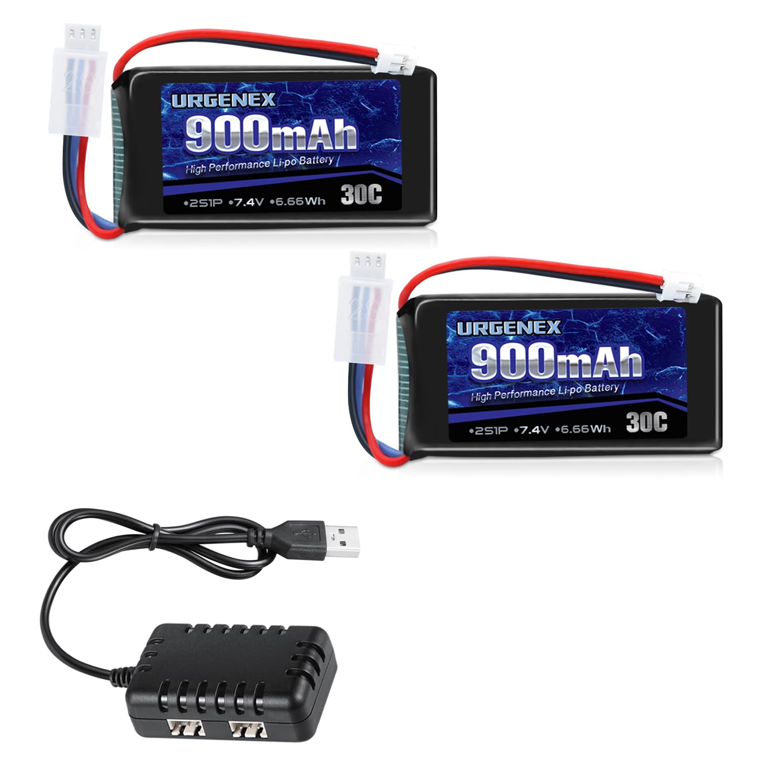 URGENEX SCX24 900mAh 2S LiPo battery offers compact size for RC cars.