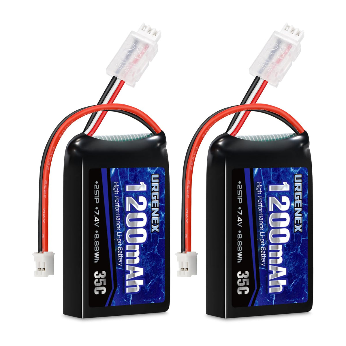 URGENEX SCX24 battery packaging shows compact 7.4V 1200mAh kit for RC use
