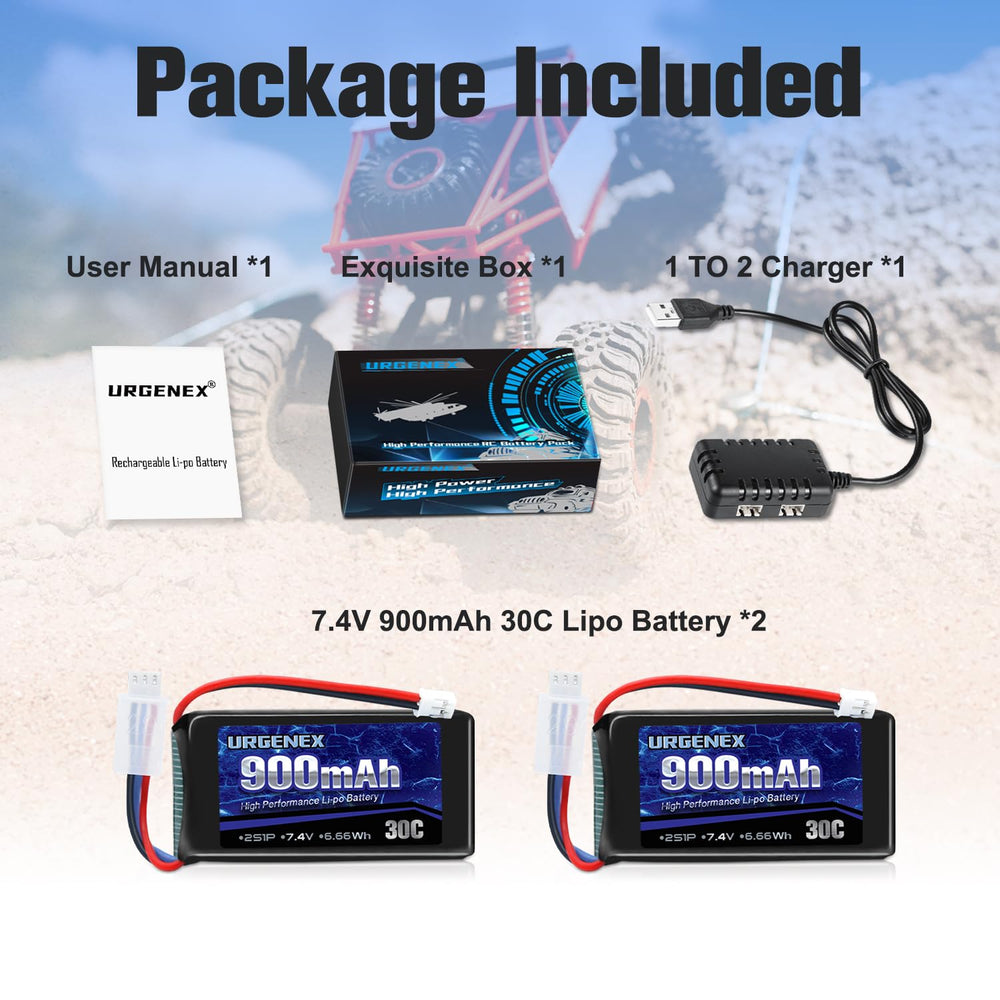 Includes two batteries and USB charger in sturdy box.