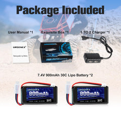 Includes two batteries and USB charger in sturdy box.
