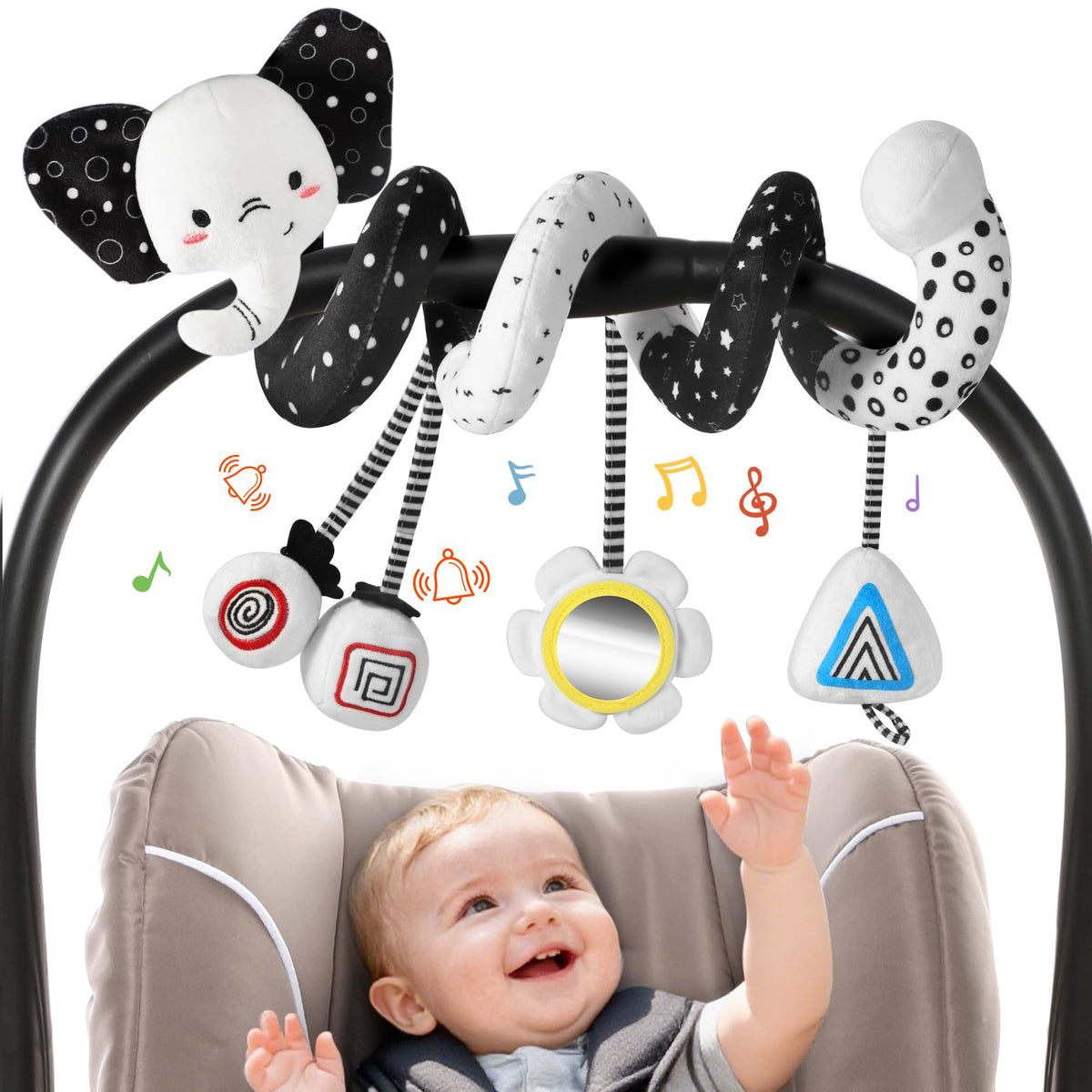 URMYWO spiral car seat toy with high-contrast pattern to attract newborn visual attention.