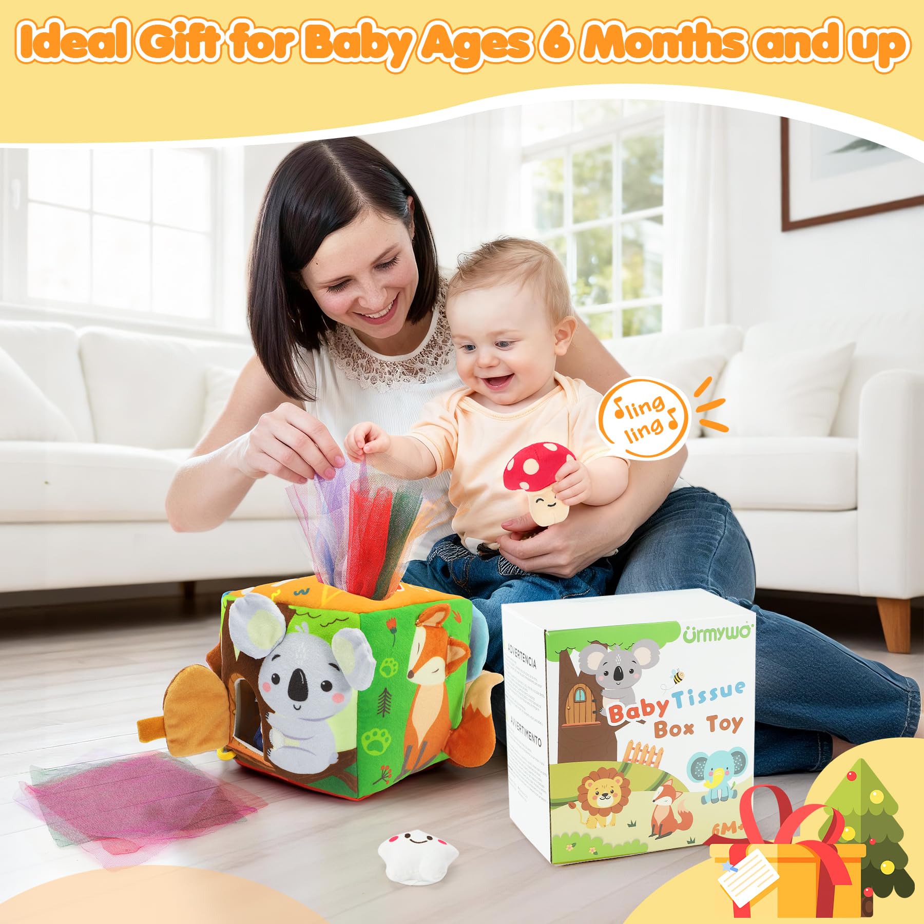 URMYWO tissue box toy with crinkle elements boosts auditory curiosity