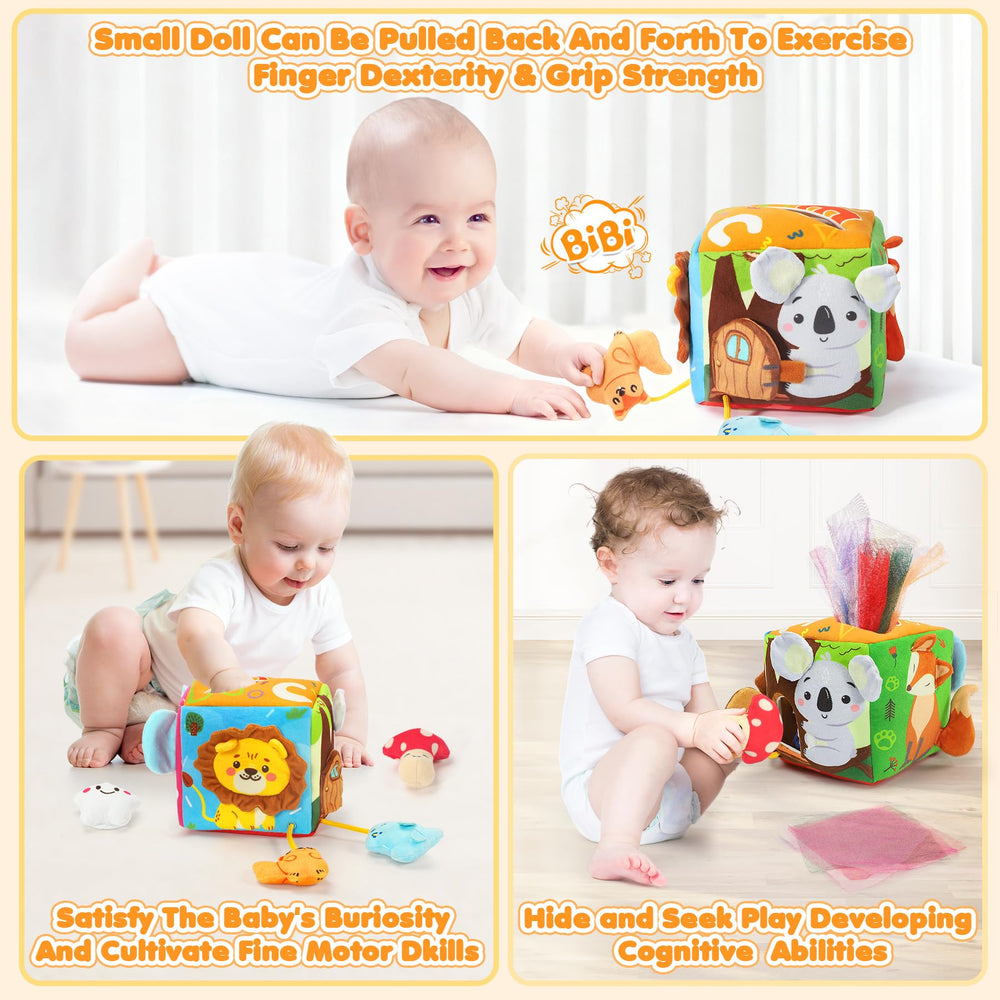 URMYWO tissue box toy with fox pattern encourages reach-and-grab play and tracking