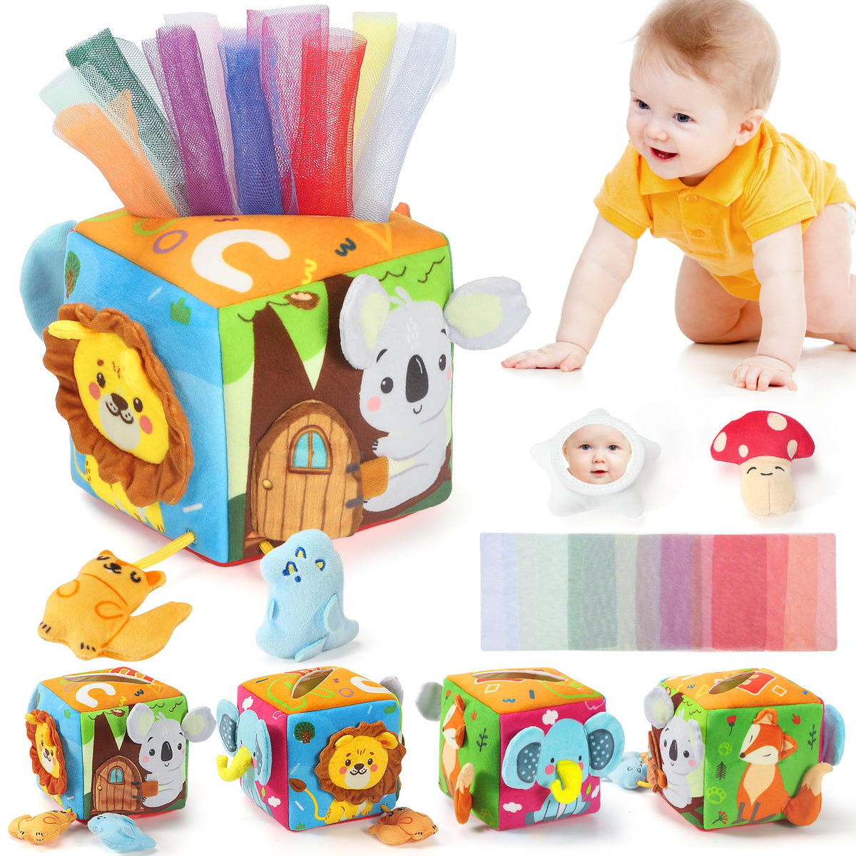 URMYWO tissue box toy with raccoon pattern promotes grasping and auditory exploration