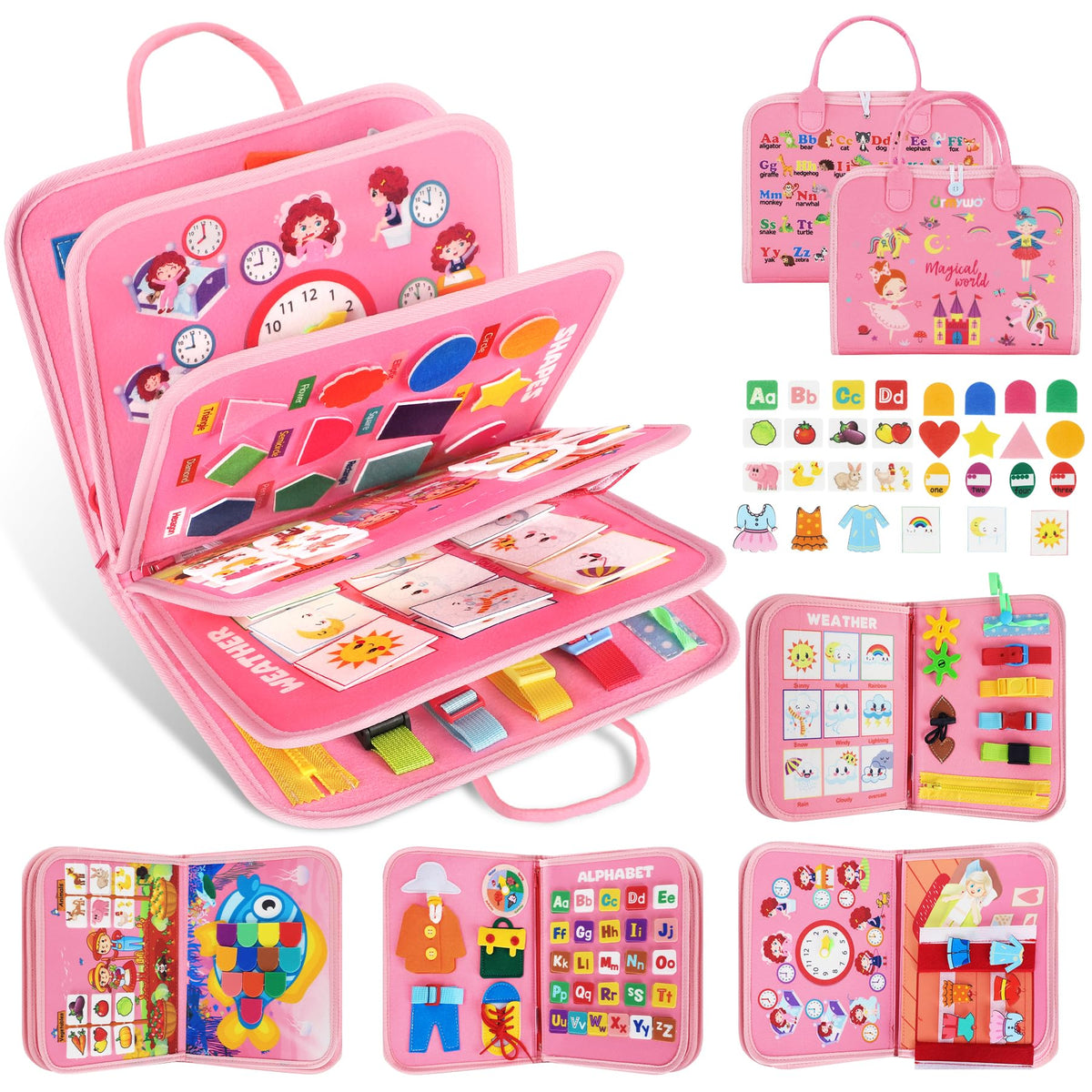 URMYWO Busy Board Pink with 12 pages, engaging fine motor play on the go