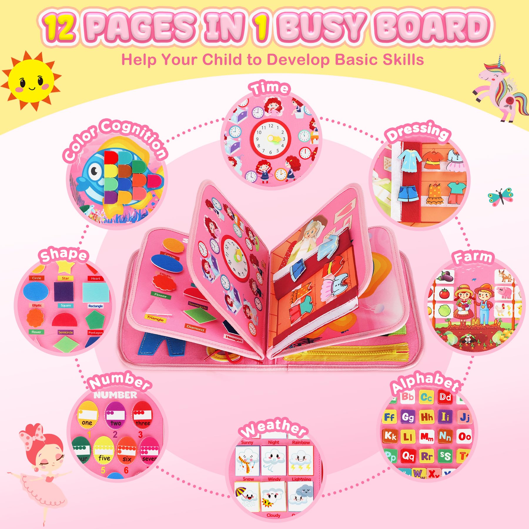 URMYWO Busy Board Pink, colorful activities for car trips