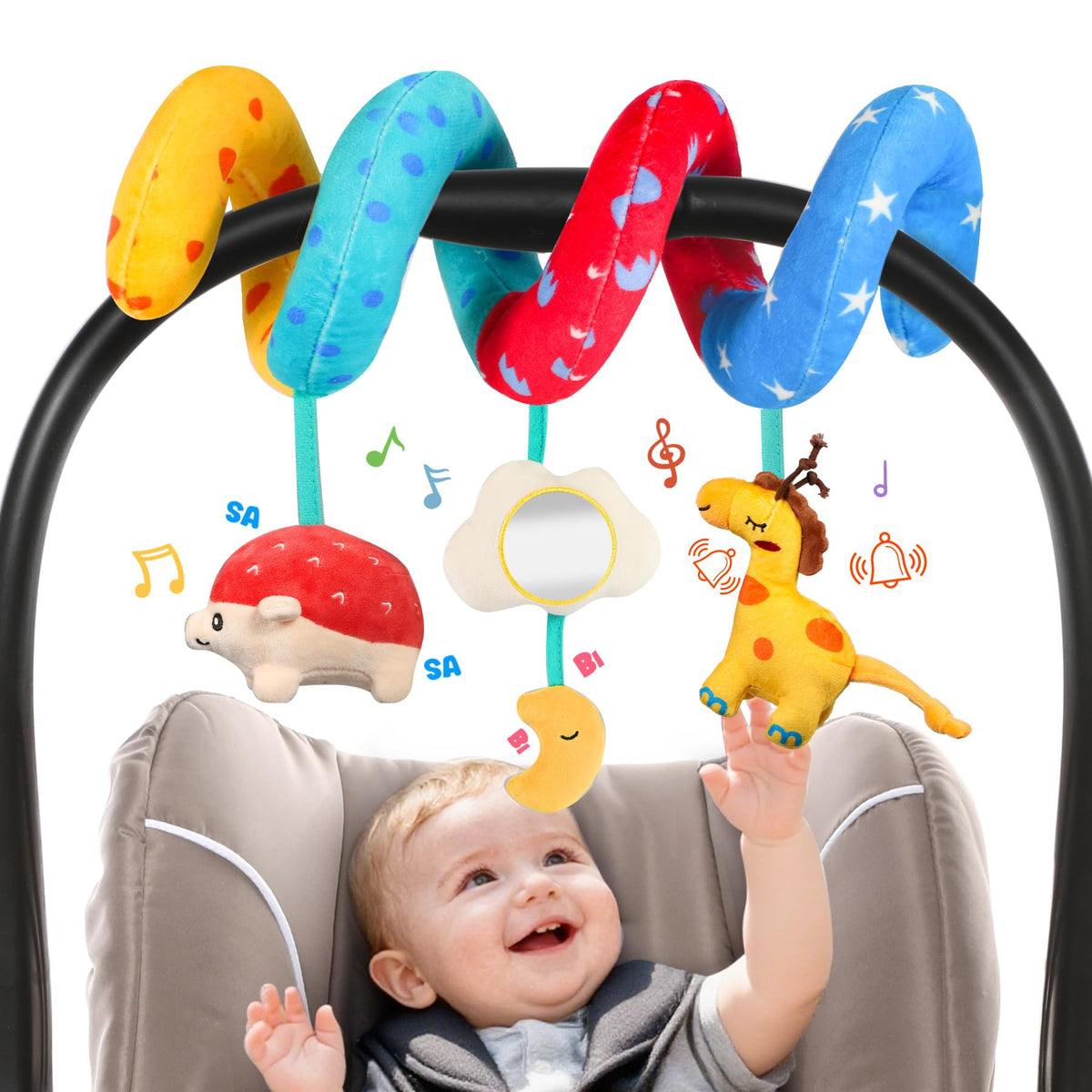 URMYWO spiral toy wrapped on a stroller bar for calm on the go.