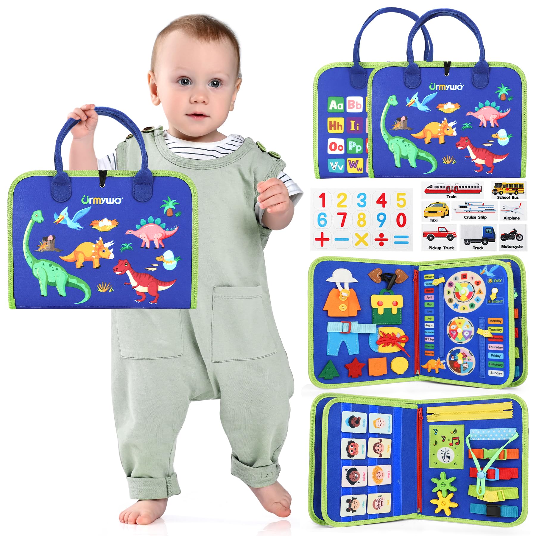 URMYWO Toddler Busy Board with six pages for hands-on learning on the go.