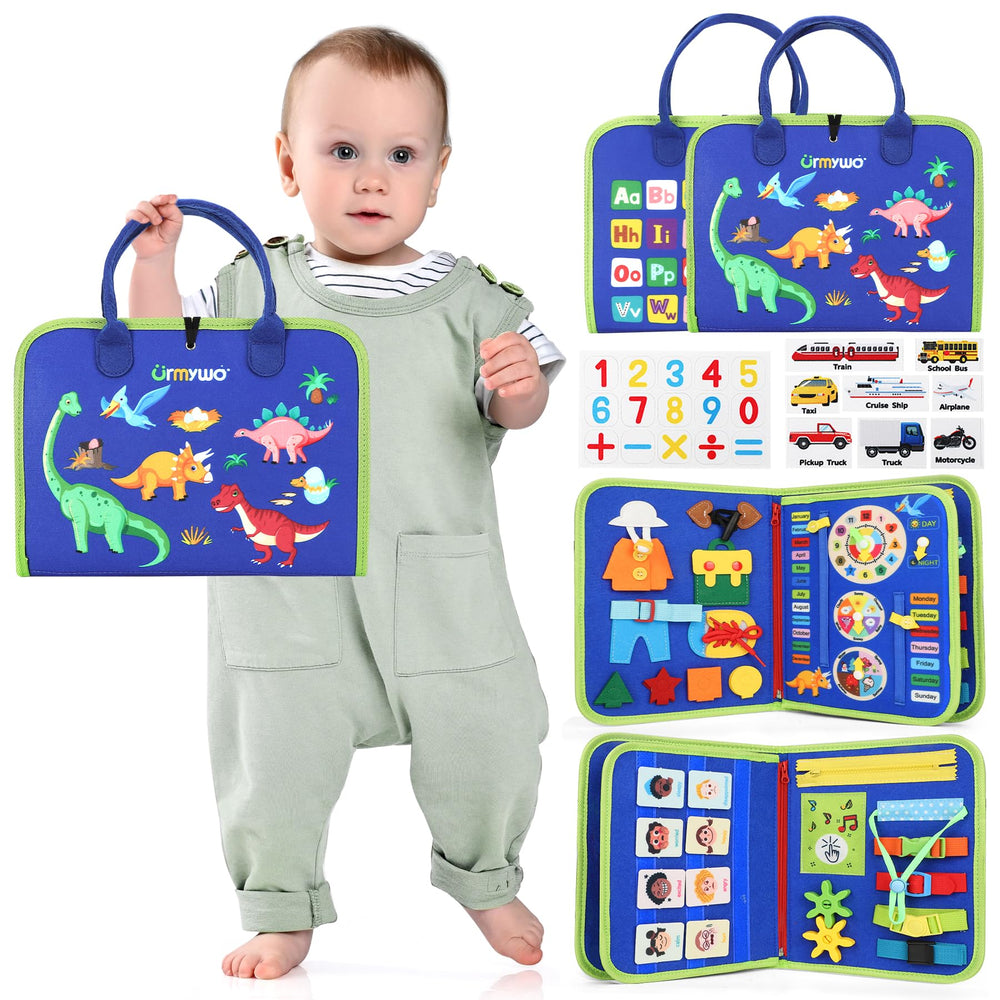 URMYWO Toddler Busy Board with six pages for hands-on learning on the go.