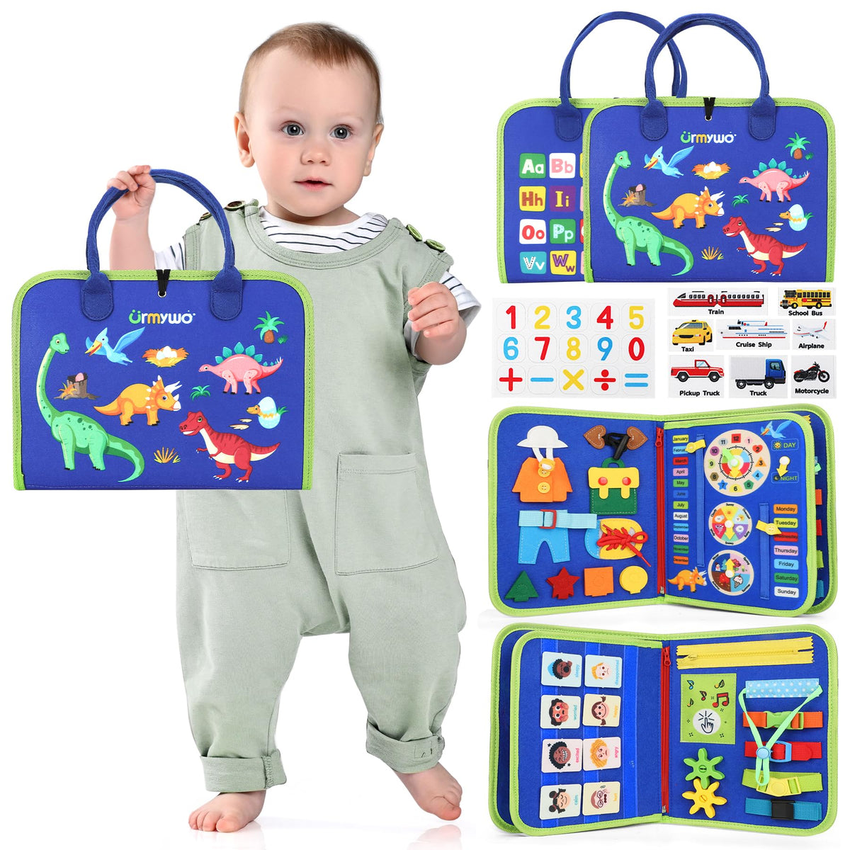 URMYWO Toddler Busy Board with six pages for hands-on learning on the go.