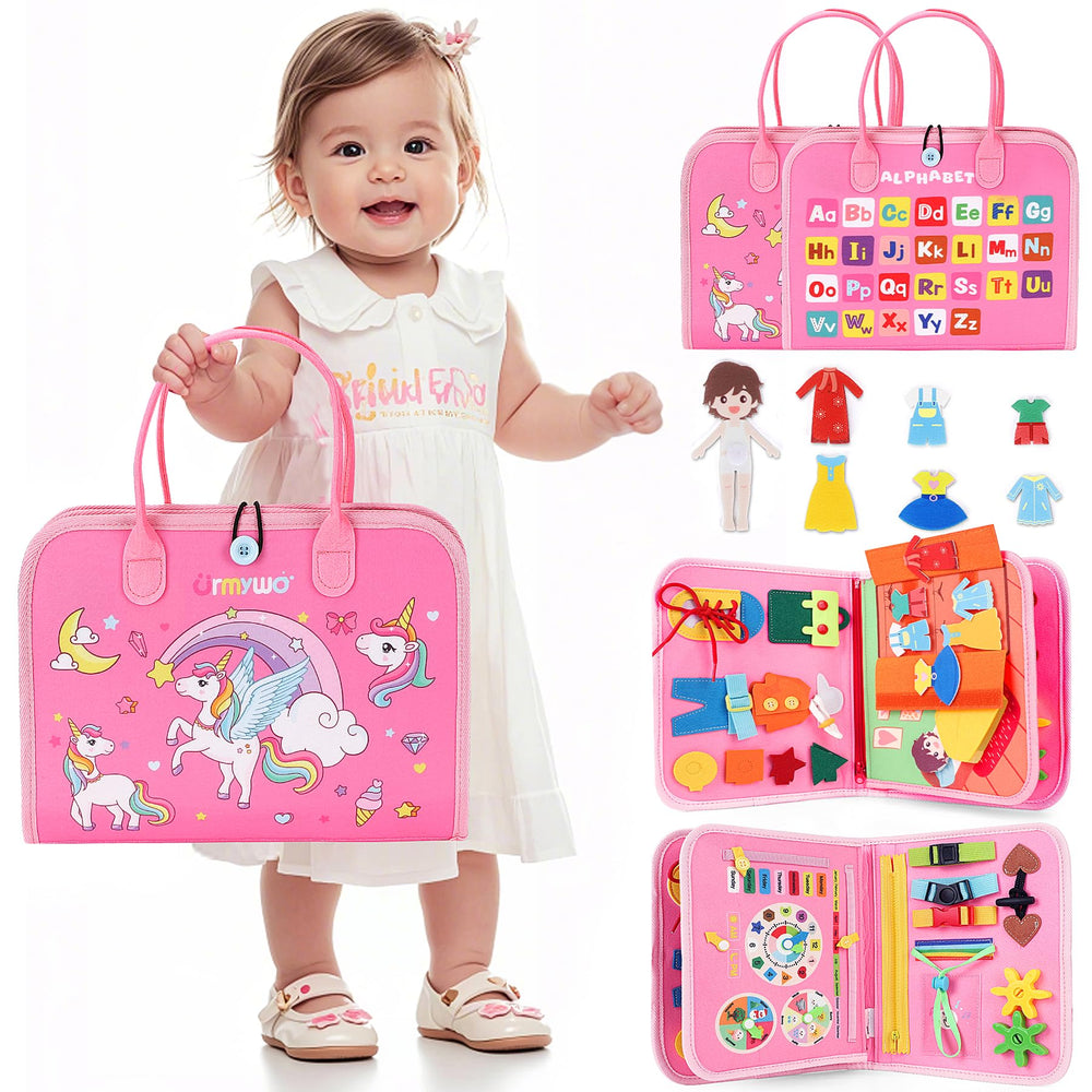URMYWO Toddler Busy Board with 6 pages encourages hands-on learning during play