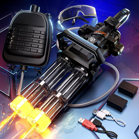 Uregoio Gatling electric water gun with backpack tank enabling longer battles.