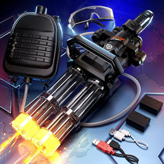 Uregoio Gatling electric water gun with backpack tank enabling longer battles.