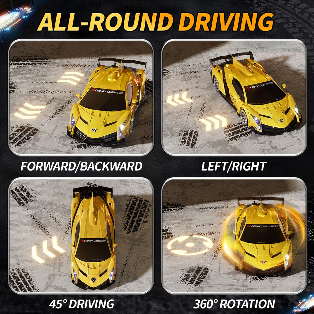Uregoio RC Car with four stunt wheels enables drifting in any direction.