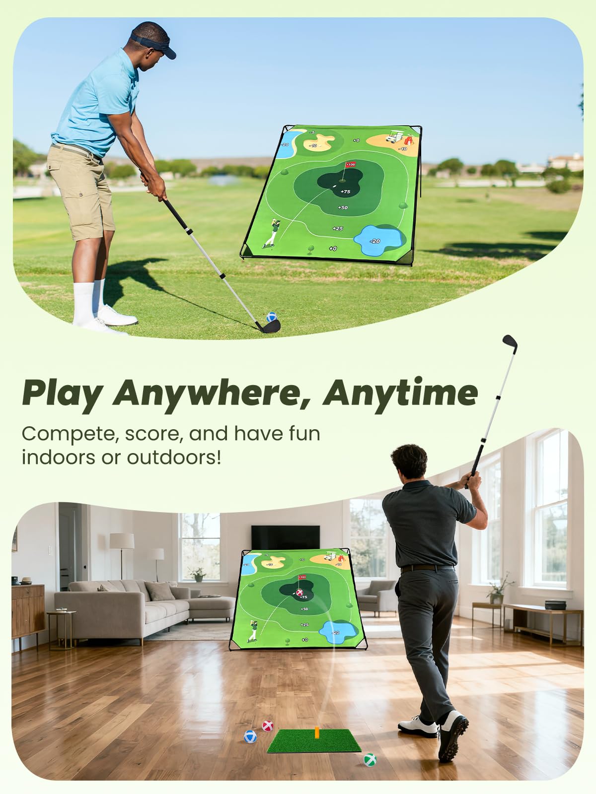 URUQ rubber-base hitting mat protects clubs and stabilizes shots during family backyard play.