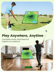 URUQ rubber-base hitting mat protects clubs and stabilizes shots during family backyard play.