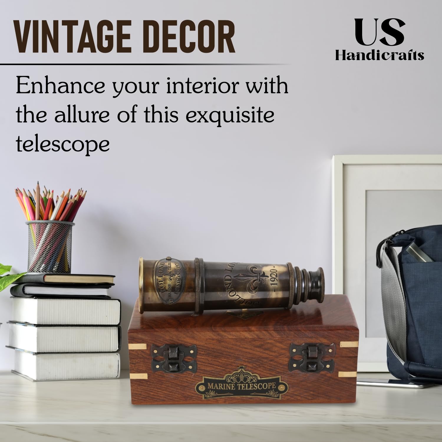 US HANDICRAFTS 1920 Marine Telescope wooden-box showcases premium gift packaging.
