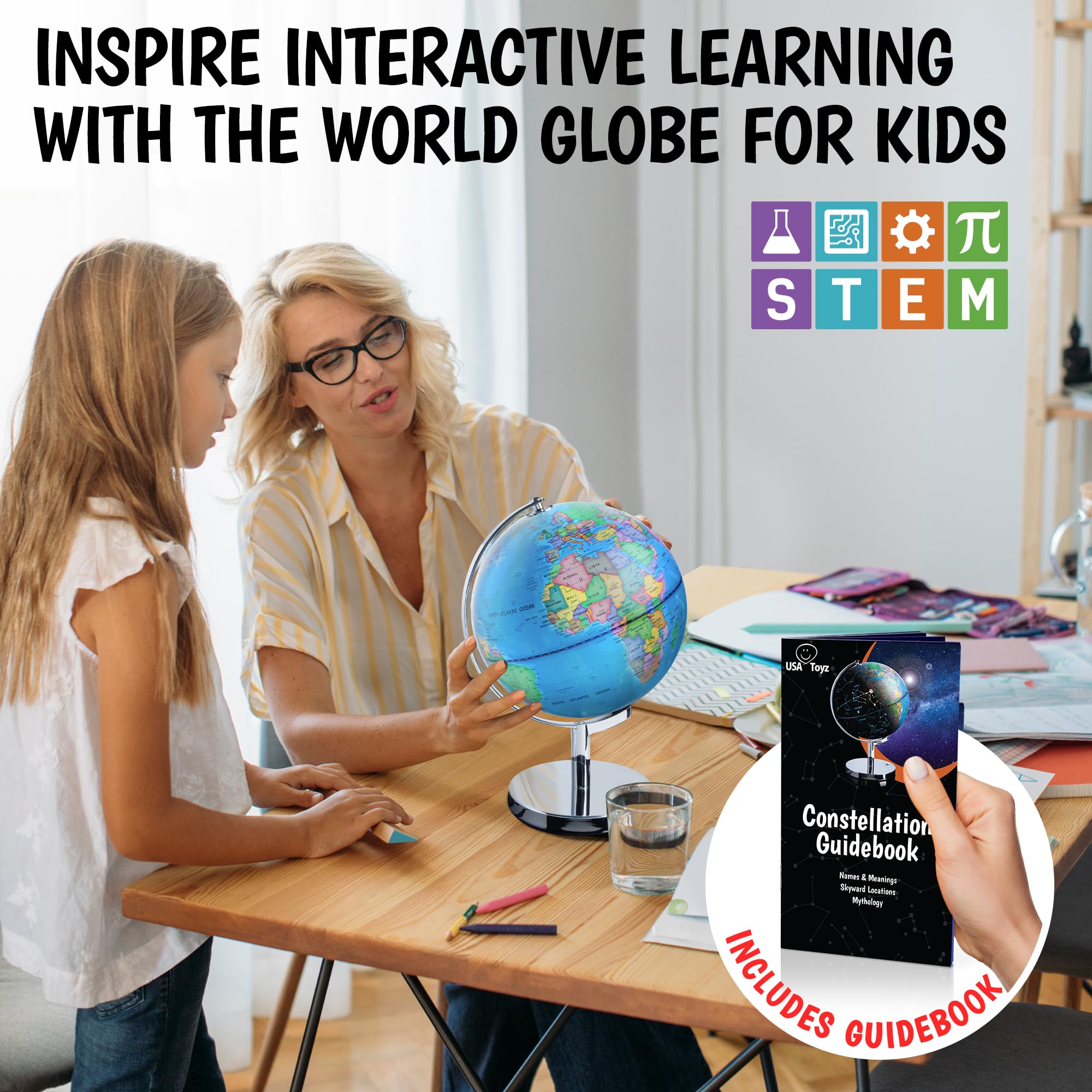 USA Toyz Illuminated Globe night light casts a gentle glow for bedtime reading.